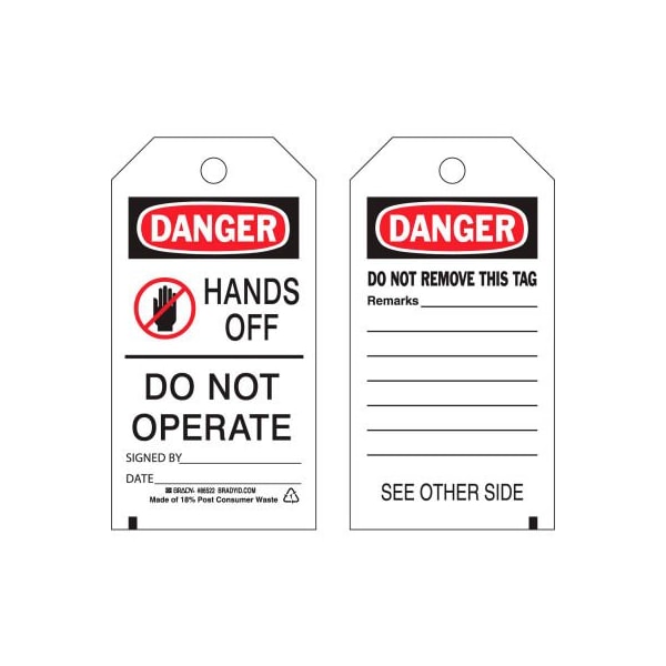 Brady Brady Danger Hands Off Do Not Operate tag, 2 sided, 10/Pkg, Polyester, 3inW x 5-3/4inH 86522 - main